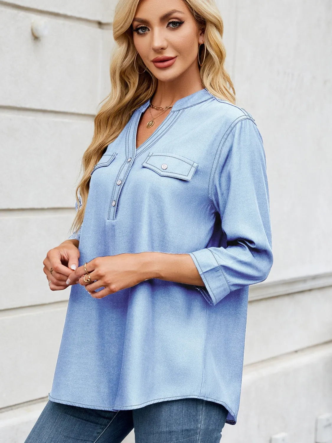 Notched Three-Quarter Sleeve Denim Top sold by Charming Charlie product image thumbnail 4