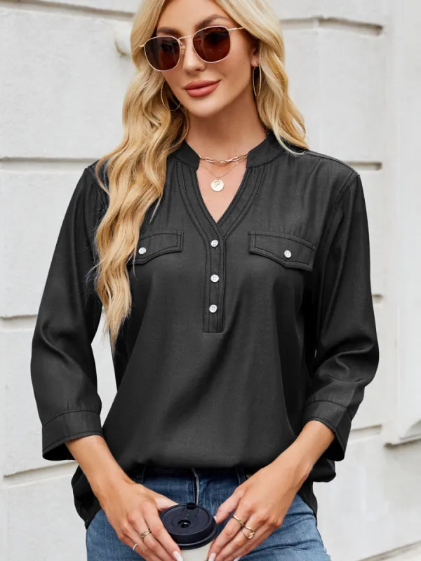 Notched Three-Quarter Sleeve Denim Top sold by Charming Charlie