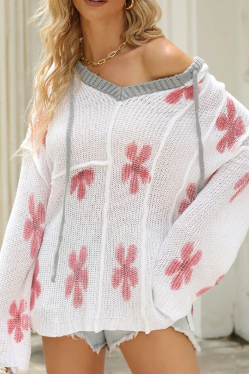 Drawstring Flower Hooded Knit Top sold by Charming Charlie product image thumbnail 2