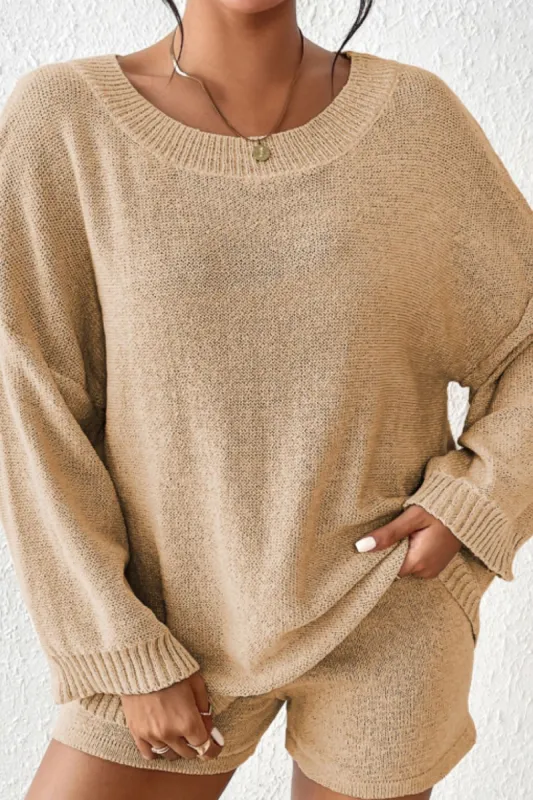Round Neck Drop Shoulder Top and Shorts Sweater Set made by Charming Charlie