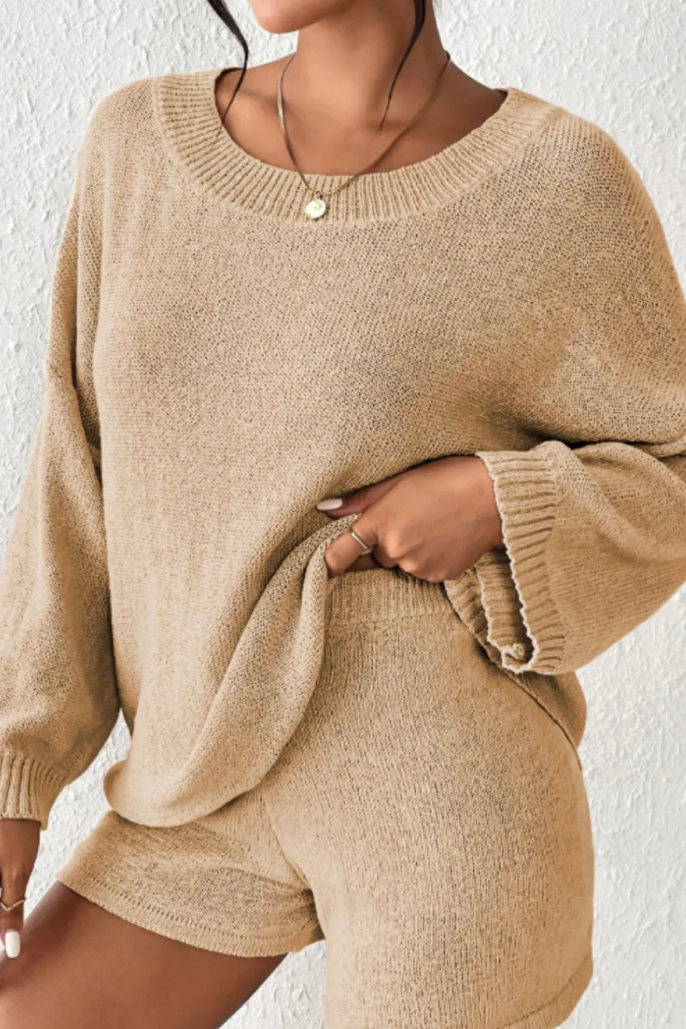 Round Neck Drop Shoulder Top and Shorts Sweater Set sold by Charming Charlie product image thumbnail 2