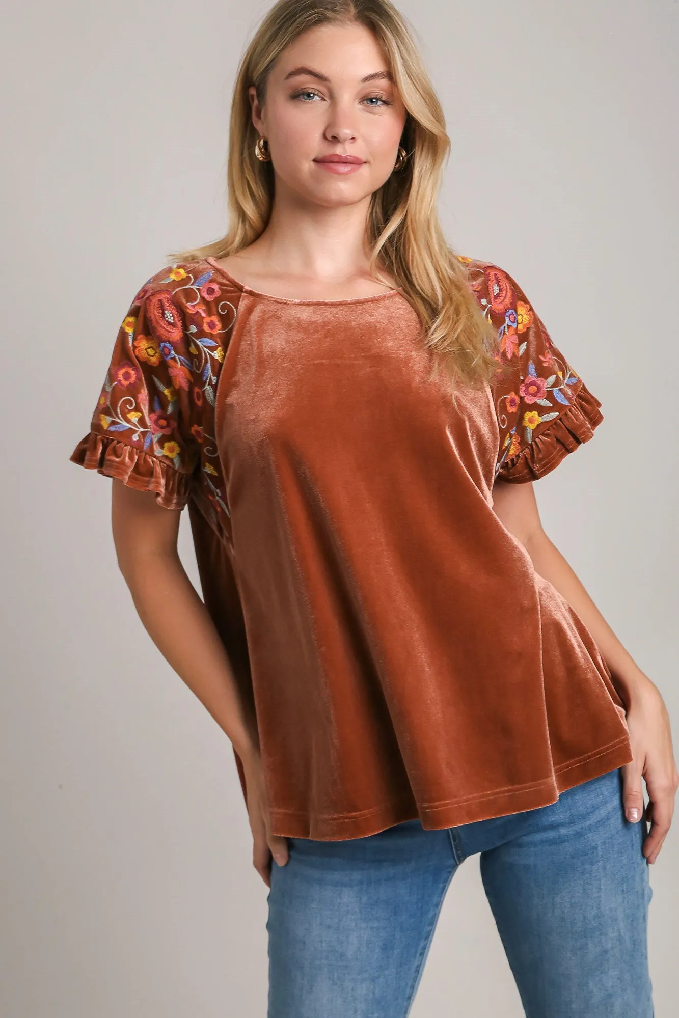 Umgee Velvet Embroidery Short Sleeve Blouse sold by Charming Charlie