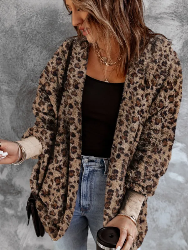 Fuzzy Leopard Long Sleeve Hooded Jacket sold by Charming Charlie