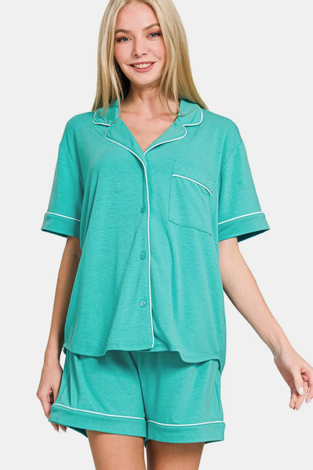 Zenana Button Down Short Sleeve Top and Shorts Lounge Set sold by Charming Charlie