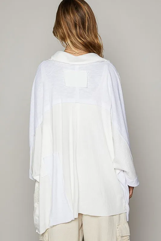 POL Crochet Patchwork Frayed Edge Half Button Knit Top sold by Charming Charlie product image thumbnail 2