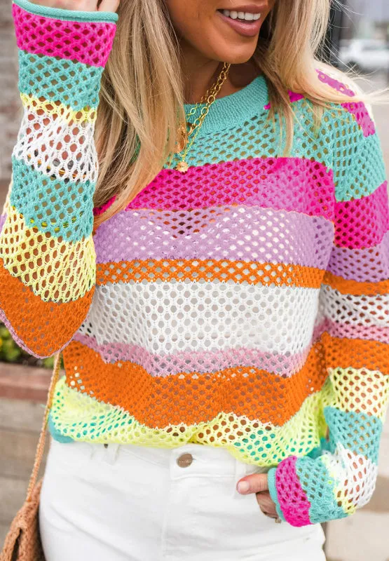 Openwork Contrast Striped Round Neck Knit Top sold by Charming Charlie