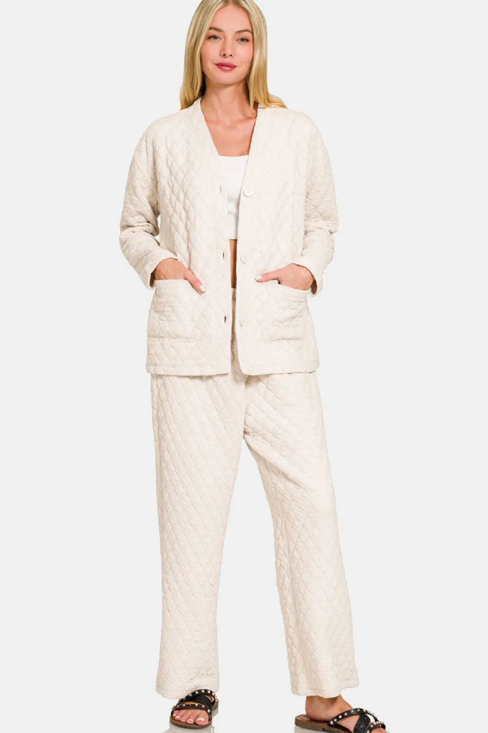 Zenana Quilted Button Up Long Sleeve Top and Pants Lounge Set sold by Charming Charlie