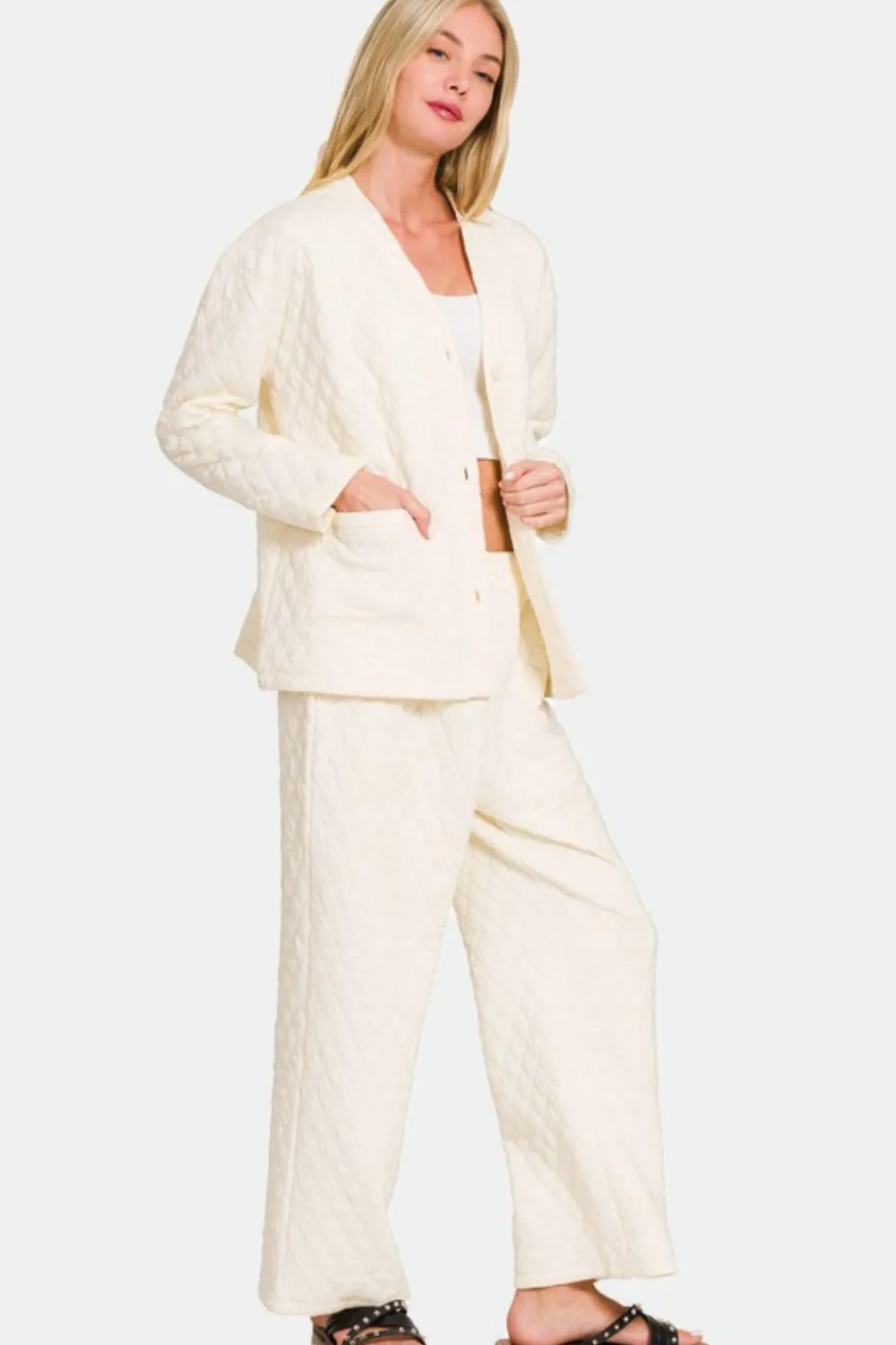 Zenana Quilted Button Up Long Sleeve Top and Pants Lounge Set sold by Charming Charlie product image thumbnail 2