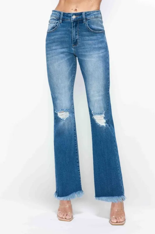 bytos Full Size Raw Hem Distressed High Rise Bootcut Jeans sold by Charming Charlie