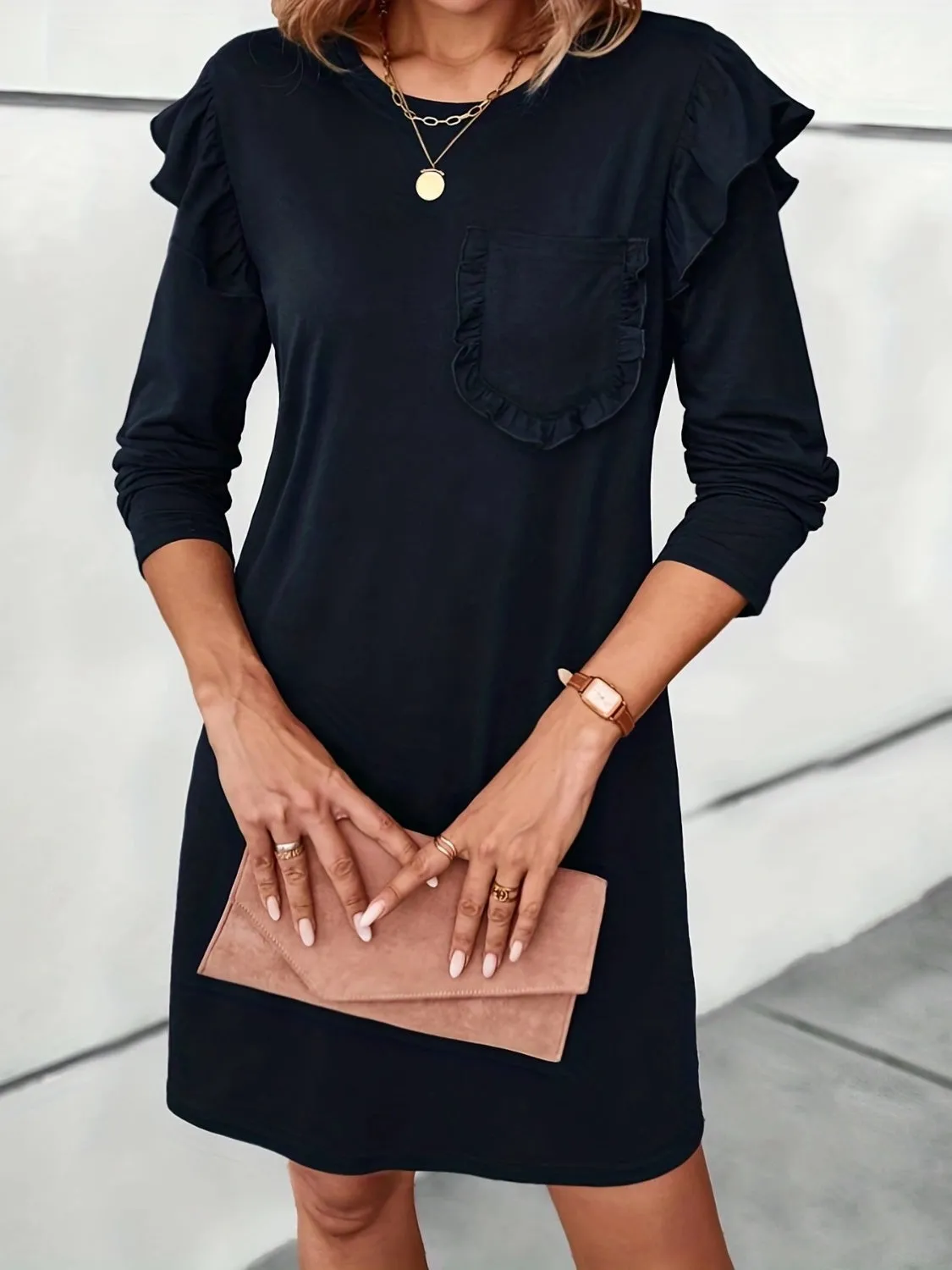 Ruffled Round Neck Long Sleeve Mini Dress sold by Charming Charlie product image thumbnail 3