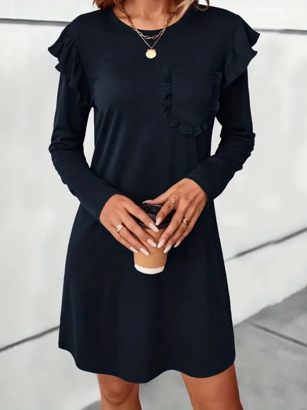 Ruffled Round Neck Long Sleeve Mini Dress sold by Charming Charlie