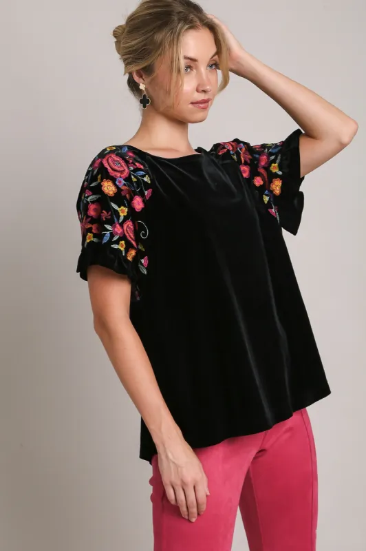 Umgee Full Size Velvet Embroidery Short Sleeve Blouse sold by Charming Charlie