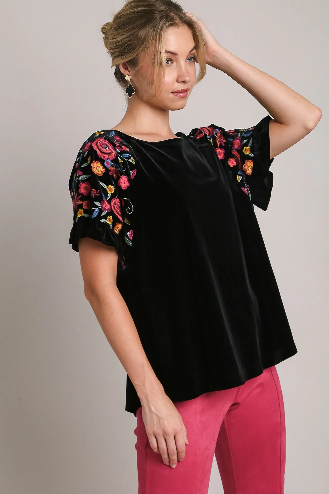 Umgee Full Size Velvet Embroidery Short Sleeve Blouse sold by Charming Charlie