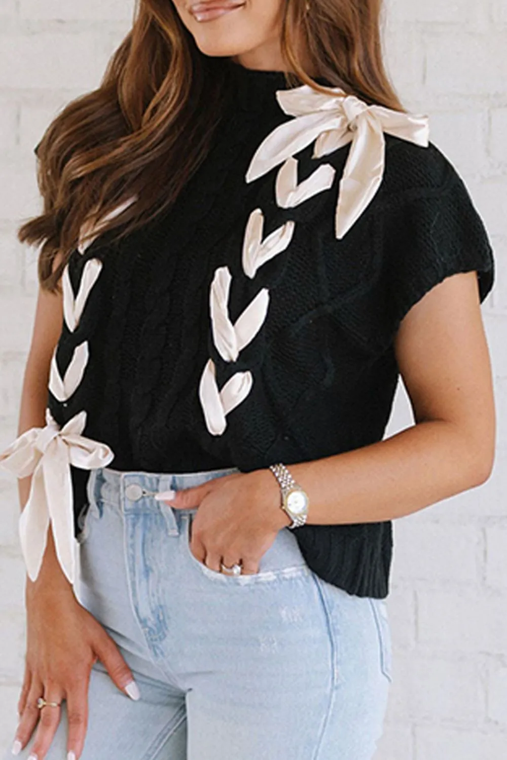 Lace-Up Mock Neck Short Sleeve Sweater sold by Charming Charlie product image thumbnail 2