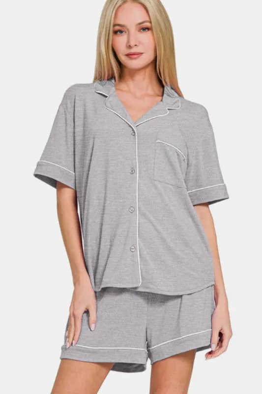 Zenana Button Down Short Sleeve Top and Shorts Lounge Set sold by Charming Charlie