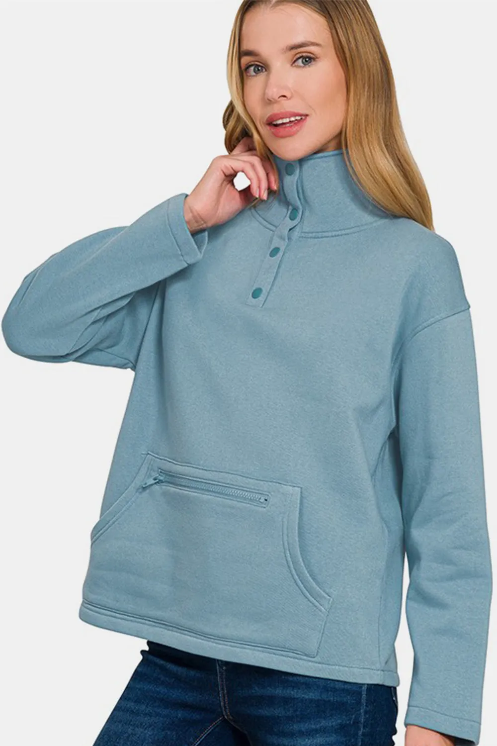Zenana Turtleneck Half Snap Fleece Sweatshirt sold by Charming Charlie product image thumbnail 3