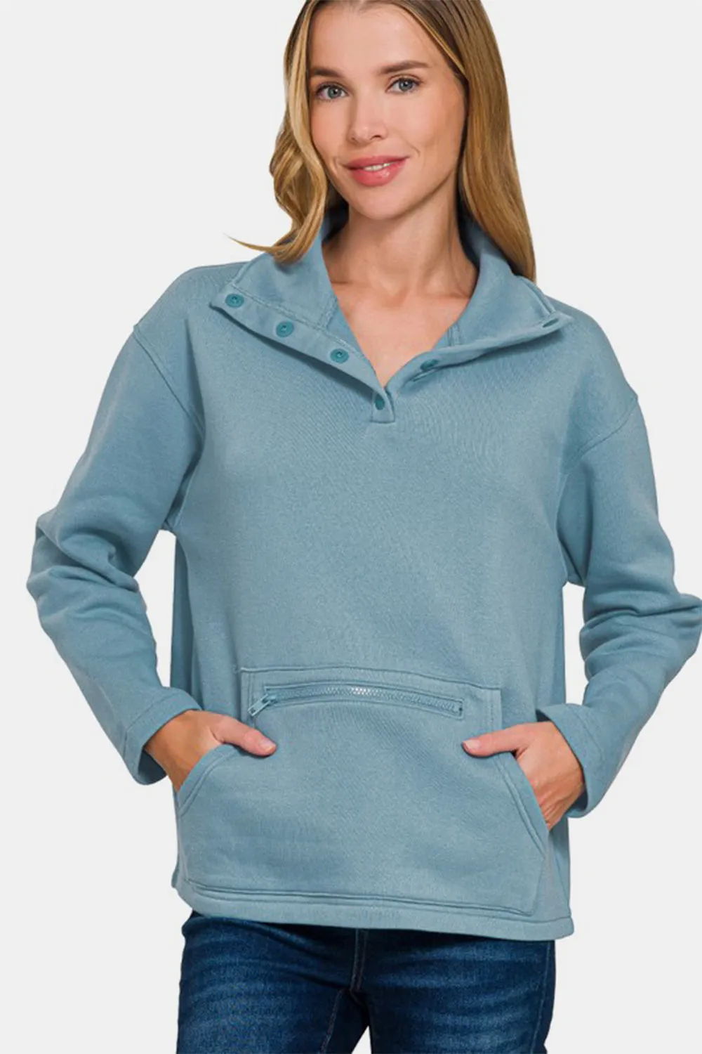 Zenana Turtleneck Half Snap Fleece Sweatshirt sold by Charming Charlie