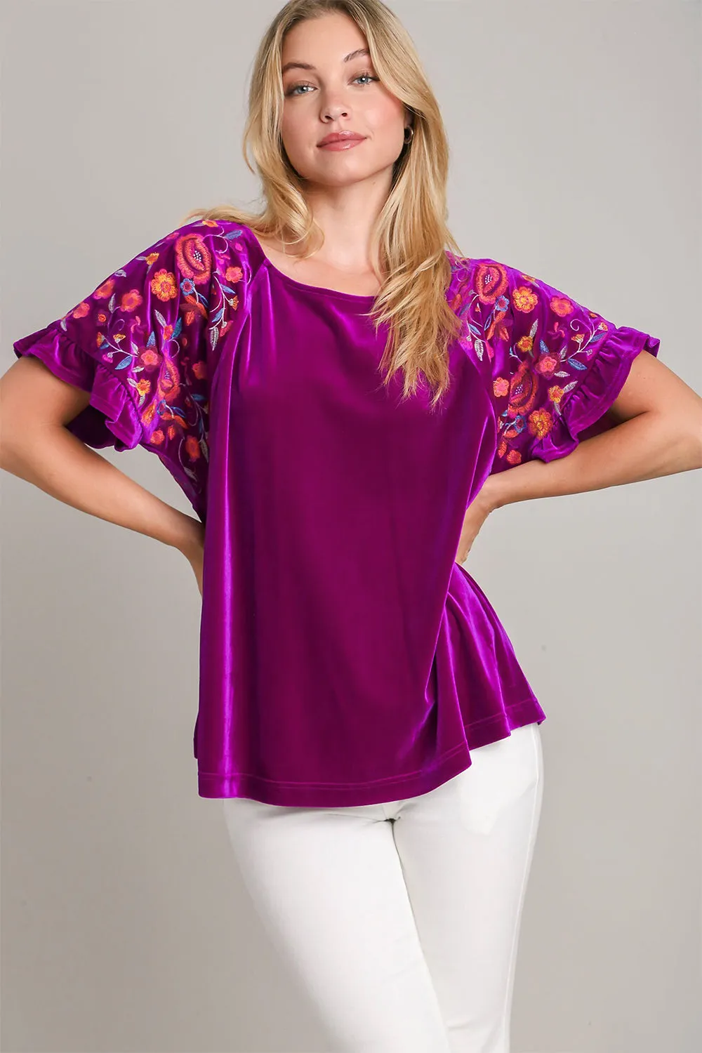 Umgee Full Size Velvet Embroidery Short Sleeve Blouse sold by Charming Charlie