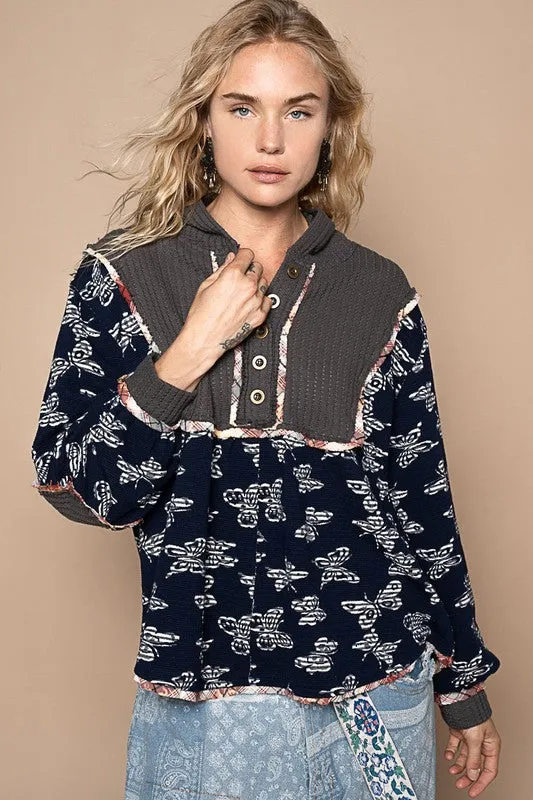 POL Butterfly Waffle-Knit Half Button Hooded Knit Top sold by Charming Charlie