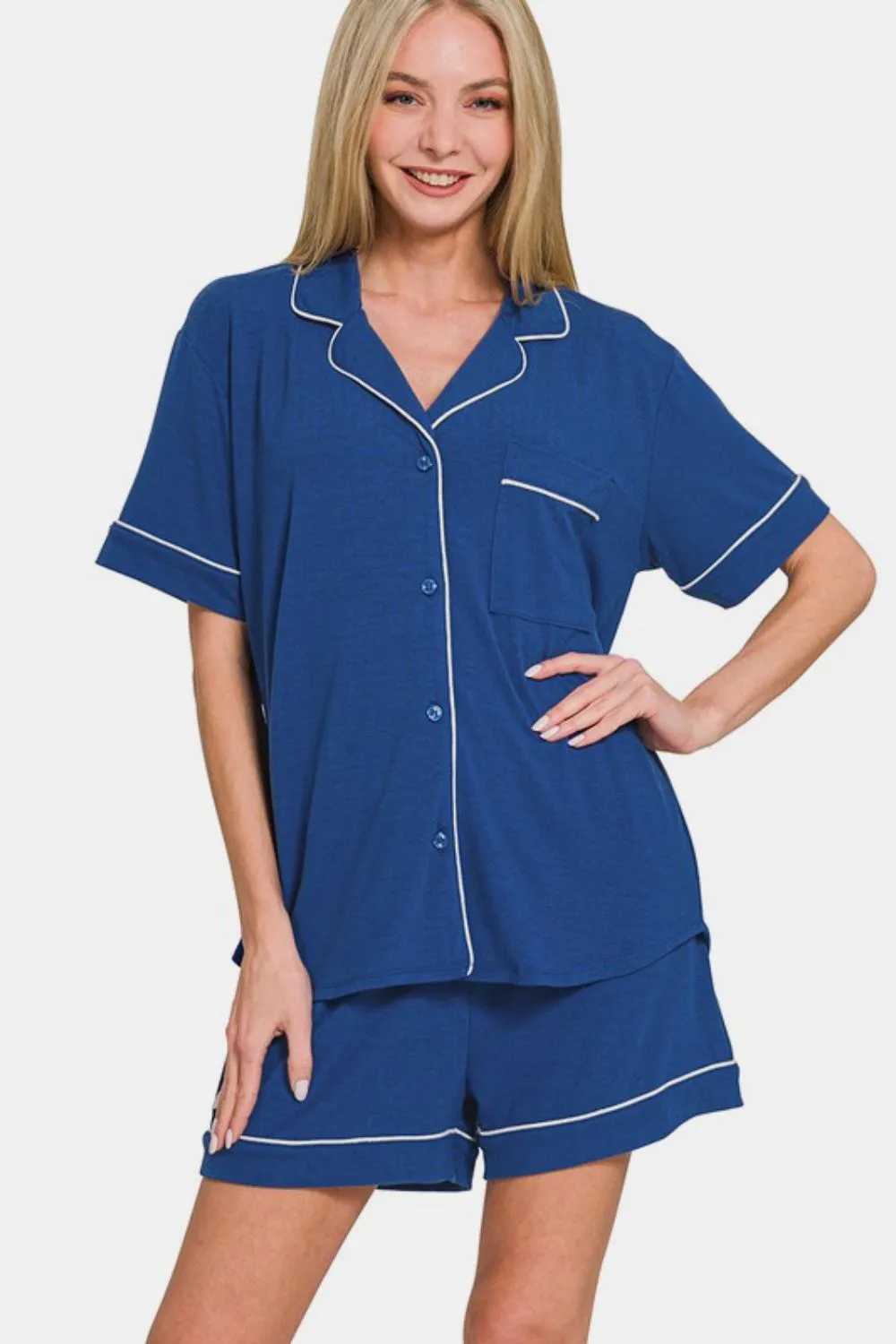 Zenana Button Down Short Sleeve Top and Shorts Lounge Set sold by Charming Charlie