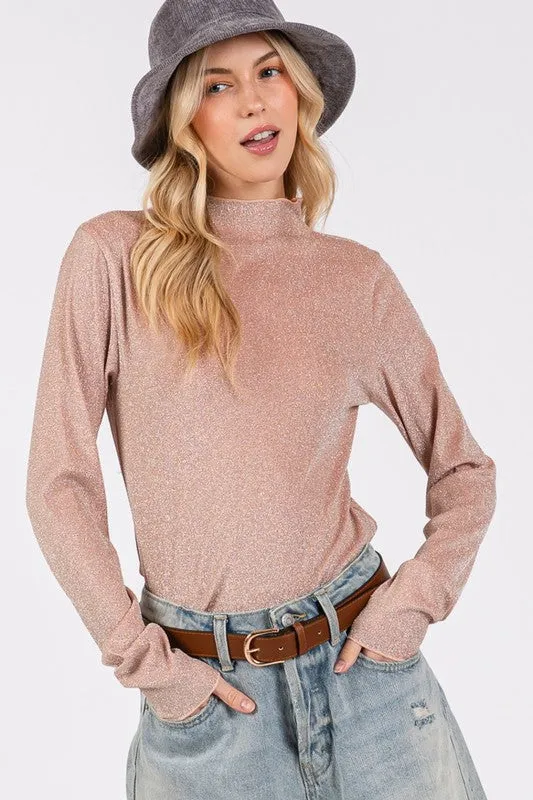 SAGE + FIG Glitter Mock Neck Lettuce Hem Long Sleeve Top sold by Charming Charlie product image thumbnail 5