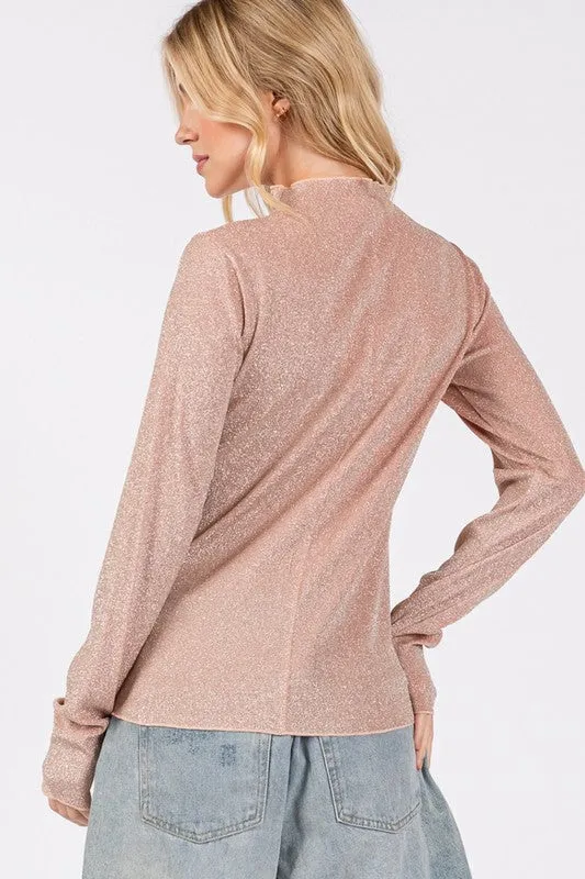 SAGE + FIG Glitter Mock Neck Lettuce Hem Long Sleeve Top sold by Charming Charlie product image thumbnail 2