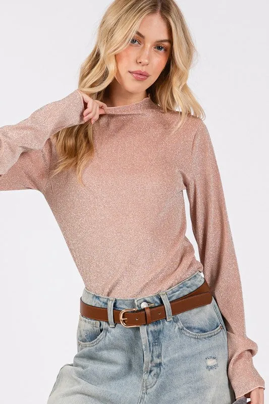 SAGE + FIG Glitter Mock Neck Lettuce Hem Long Sleeve Top sold by Charming Charlie product image thumbnail 4