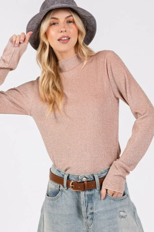 SAGE + FIG Glitter Mock Neck Lettuce Hem Long Sleeve Top sold by Charming Charlie