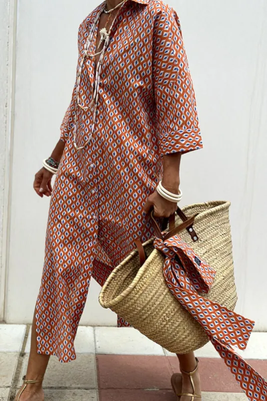 Slit Printed Collared Neck Three-Quarter Sleeve Midi Shirt Dress sold by Charming Charlie