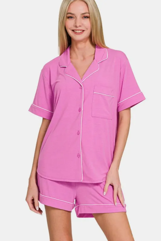 Zenana Button Down Short Sleeve Top and Shorts Lounge Set sold by Charming Charlie