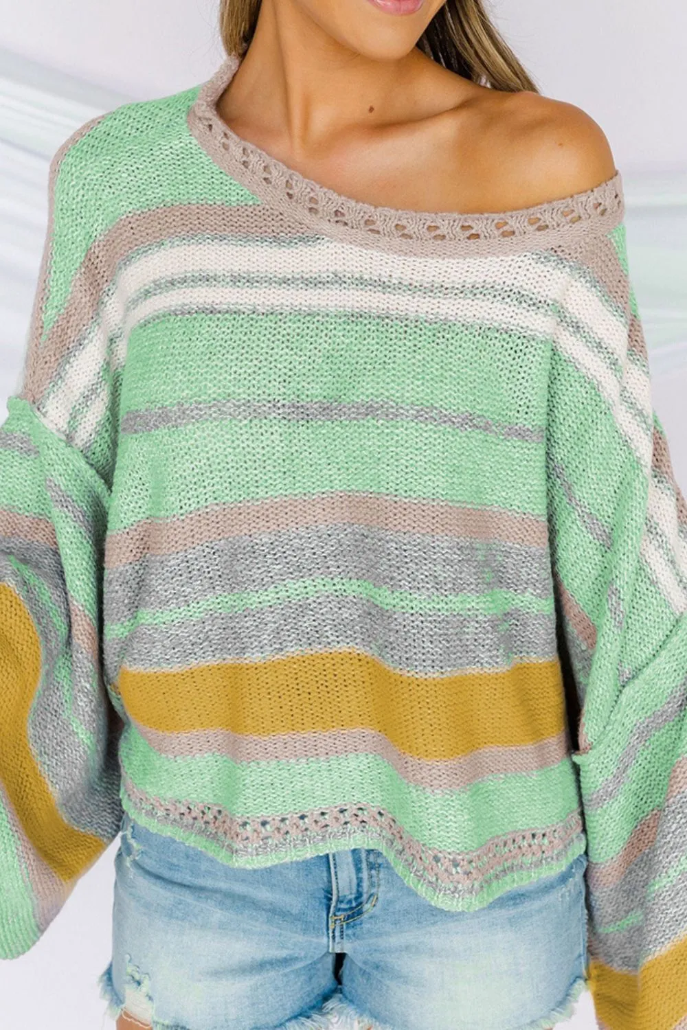 Contrast Striped Boat Neck Dropped Shoulder Sweater sold by Charming Charlie product image thumbnail 4