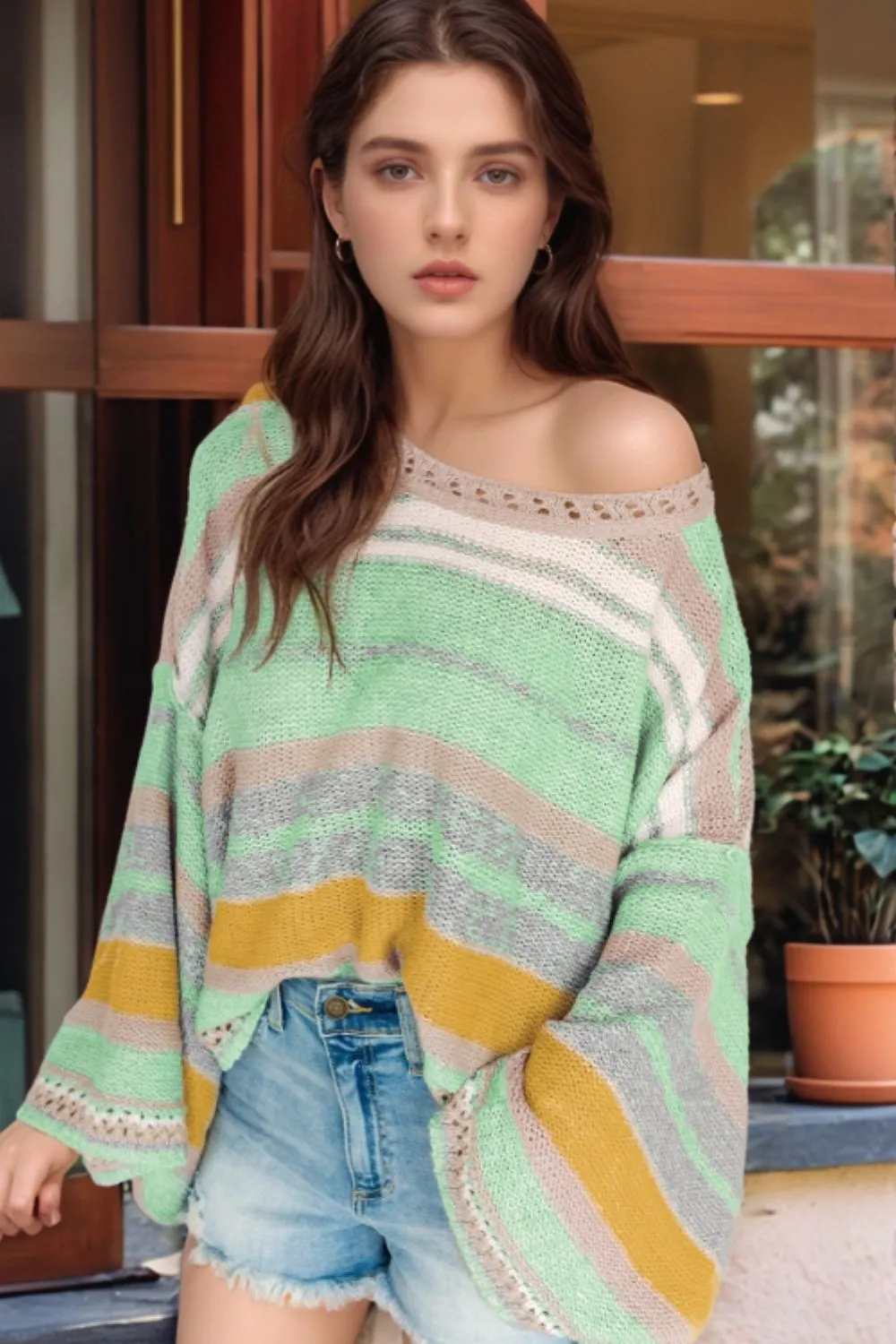 Contrast Striped Boat Neck Dropped Shoulder Sweater sold by Charming Charlie product image thumbnail 2