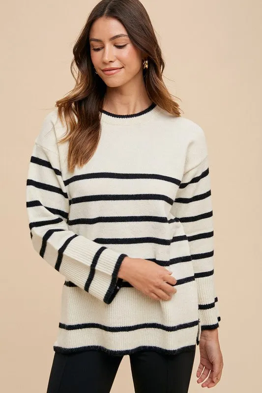 Annie Wear Side Slit Striped Round Neck Sweater sold by Charming Charlie
