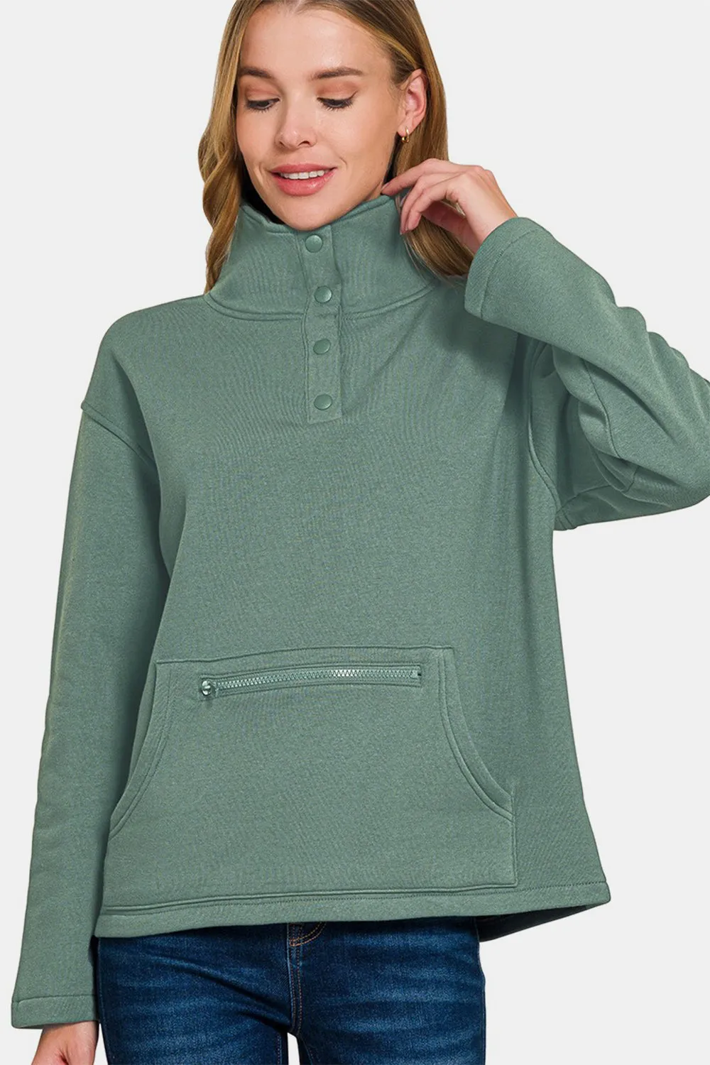 Zenana Turtleneck Half Snap Fleece Sweatshirt sold by Charming Charlie