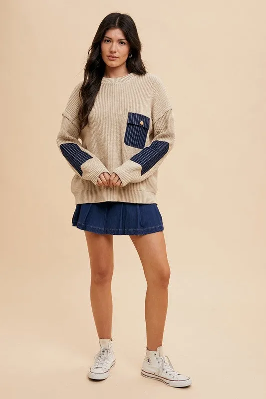 Annie Wear Contrast Round Neck Drop Shoulder Sweater with Patch Pocket sold by Charming Charlie product image thumbnail 5