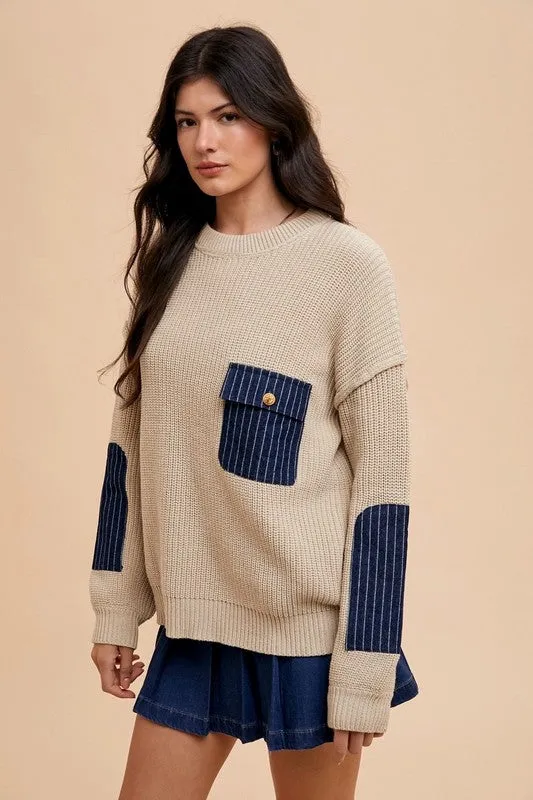 Annie Wear Contrast Round Neck Drop Shoulder Sweater with Patch Pocket sold by Charming Charlie product image thumbnail 3