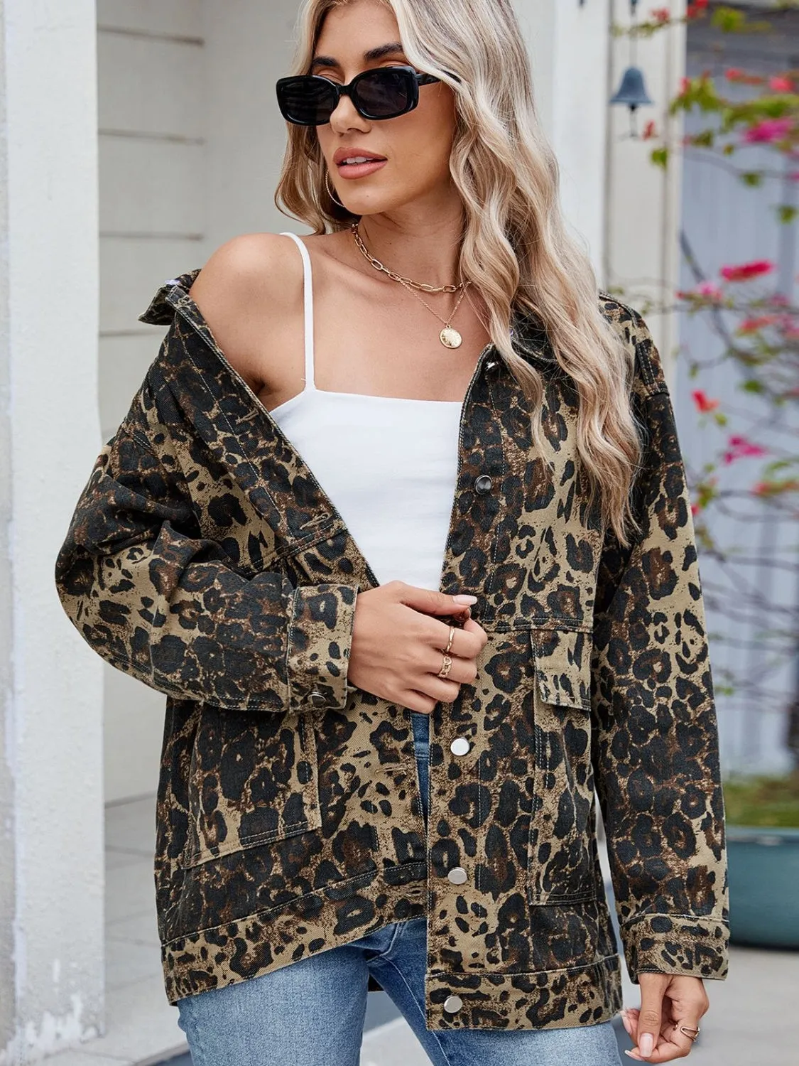 Leopard Button Up Drop Shoulder Denim Jacket sold by Charming Charlie product image thumbnail 3