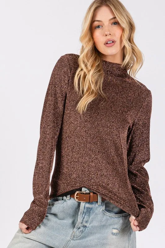SAGE + FIG Glitter Mock Neck Lettuce Hem Long Sleeve Top sold by Charming Charlie product image thumbnail 4
