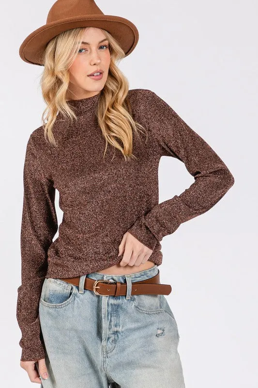 SAGE + FIG Glitter Mock Neck Lettuce Hem Long Sleeve Top sold by Charming Charlie product image thumbnail 5