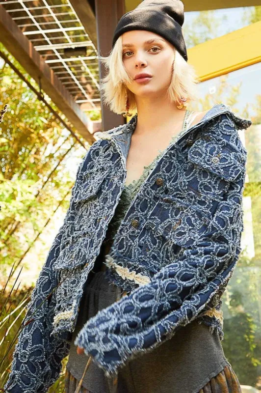 POL Flower Textured Raw Hem Long Sleeve Denim Jacket sold by Charming Charlie