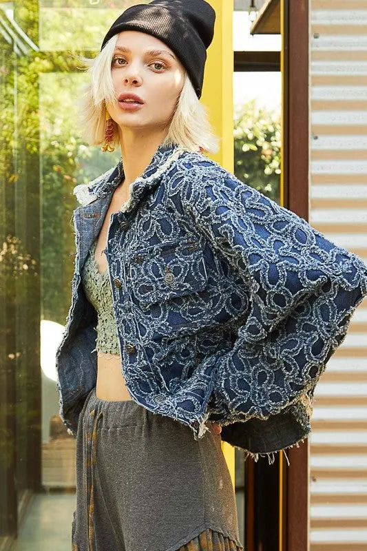 POL Flower Textured Raw Hem Long Sleeve Denim Jacket sold by Charming Charlie product image thumbnail 5