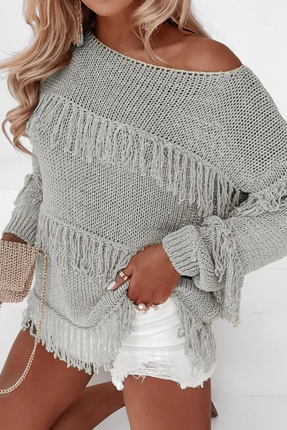 Fringe Boat Neck Long Sleeve Sweater sold by Charming Charlie