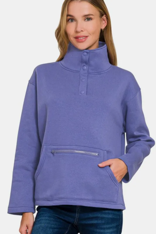 Zenana Turtleneck Half Snap Fleece Sweatshirt sold by Charming Charlie