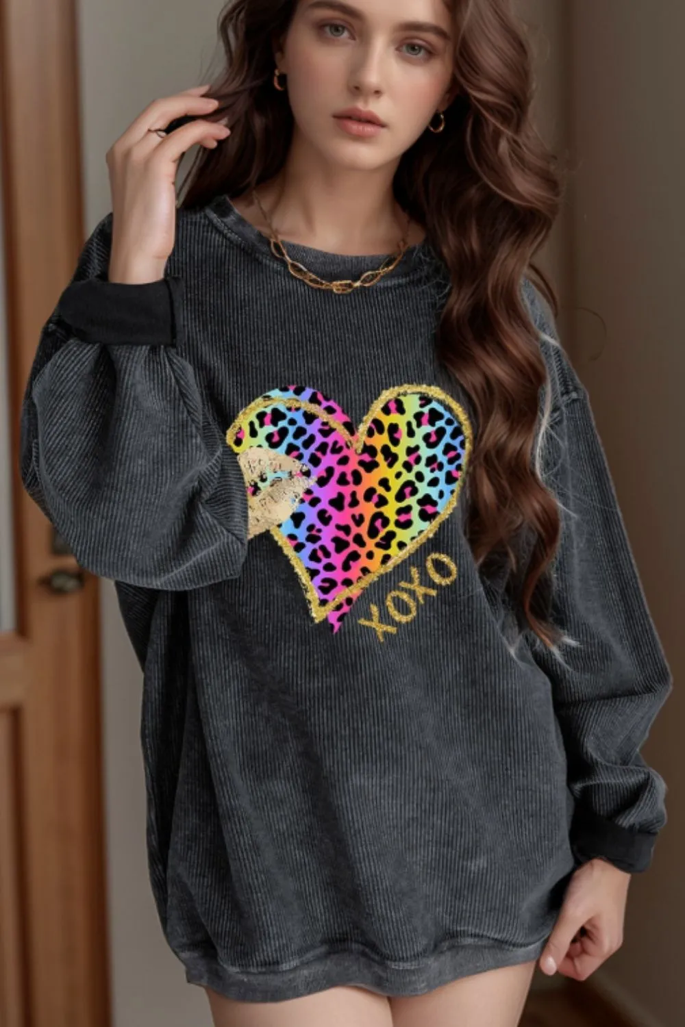 Leopard Heart Drop Shoulder Long Sleeve Sweatshirt sold by Charming Charlie product image thumbnail 2