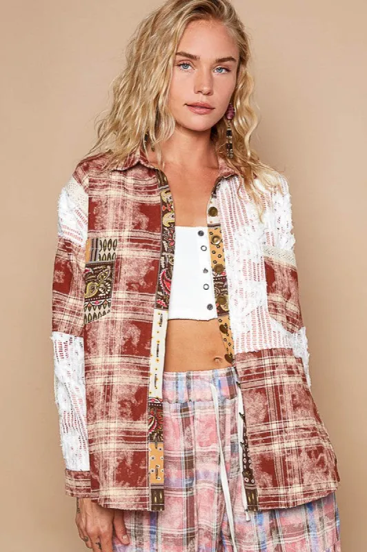 POL Crochet Plaid Patchwork Button Up Shirt sold by Charming Charlie