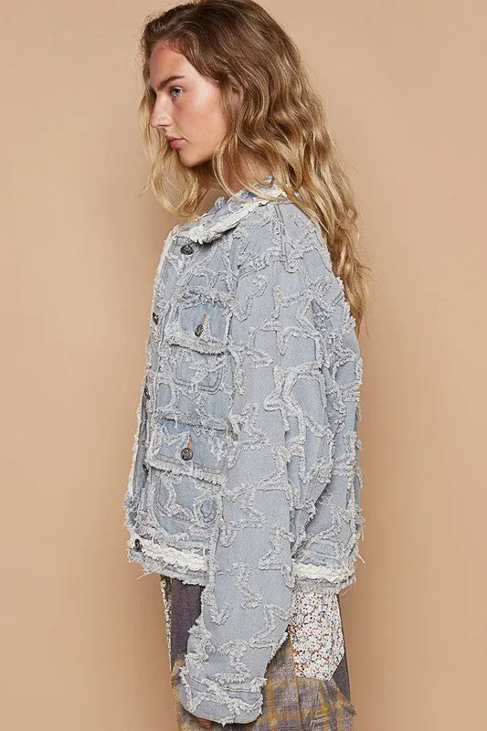 POL Star Textured Raw Hem Long Sleeve Denim Jacket sold by Charming Charlie product image thumbnail 3