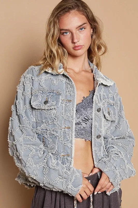 POL Star Textured Raw Hem Long Sleeve Denim Jacket sold by Charming Charlie product image thumbnail 4