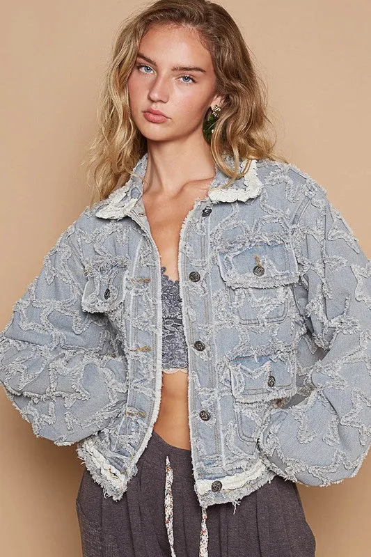 POL Star Textured Raw Hem Long Sleeve Denim Jacket sold by Charming Charlie