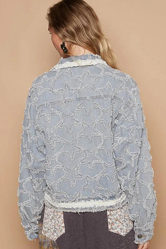 POL Star Textured Raw Hem Long Sleeve Denim Jacket sold by Charming Charlie product image thumbnail 2