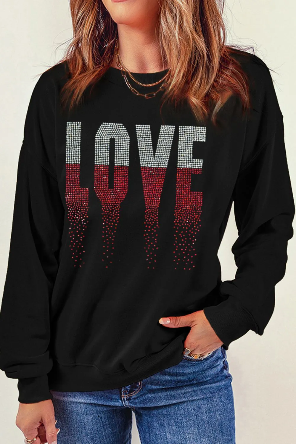 Rhinestone LOVE Round Neck Long Sleeve Sweatshirt sold by Charming Charlie product image thumbnail 2